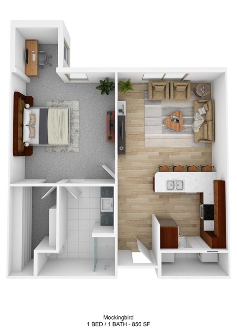 Floor plan for 1 bed, 1 bath, 862 sqft