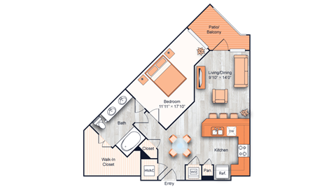 Floor plan for 1 bed, 1 bath, 777 sqft