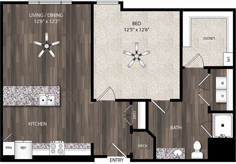 Floor plan for 1 bed, 1 bath, 741 sqft
