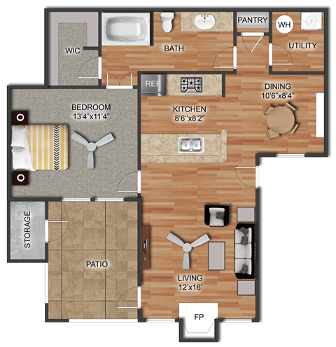 Floor plan for 1 bed, 1 bath