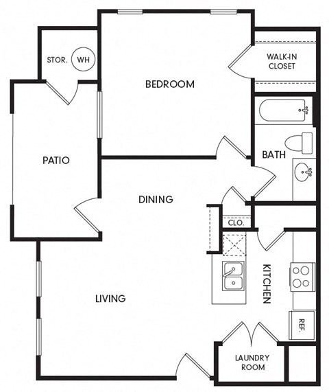 Floor plan for 1 bed, 1 bath, 679 sqft