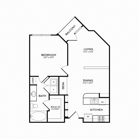 Floor plan for 1 bed, 1 bath, 700 sqft