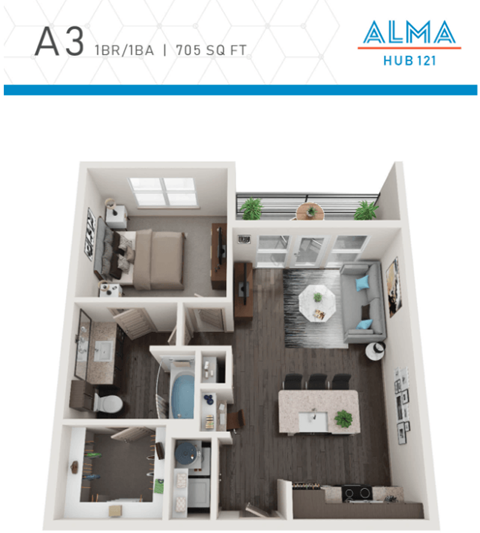 Floor plan for 1 bed, 1 bath, 705 sqft