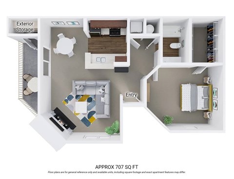Floor plan for 1 bed, 1 bath, 707 sqft