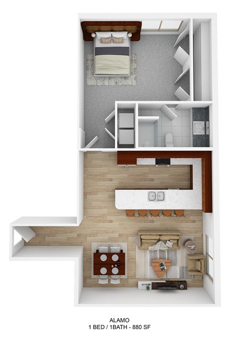 Floor plan for 1 bed, 1 bath, 880 sqft