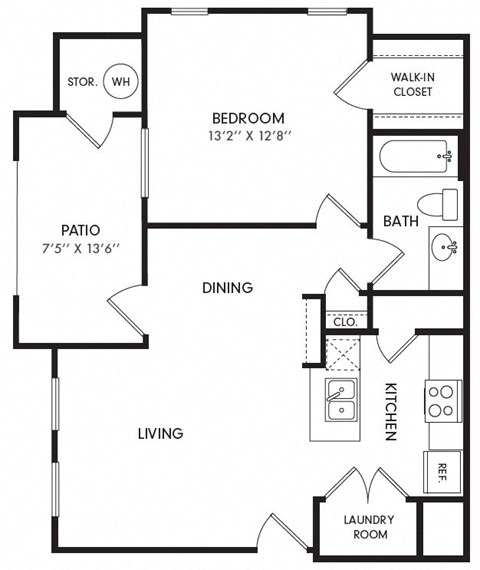 Floor plan for 1 bed, 1 bath, 702 sqft