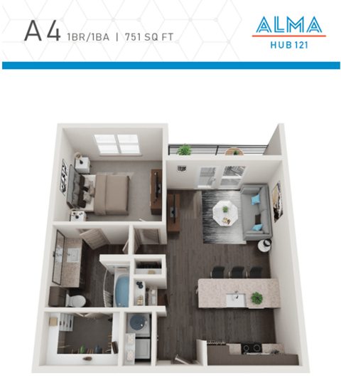Floor plan for 1 bed, 1 bath, 751 sqft