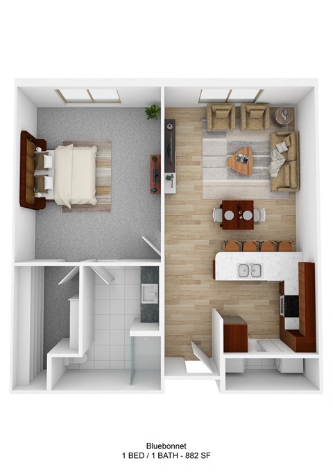 Floor plan for 1 bed, 1 bath, 882 sqft
