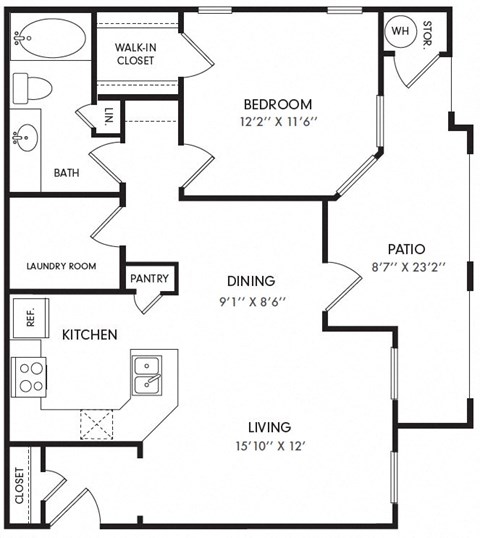 Floor plan for 1 bed, 1 bath, 767 sqft