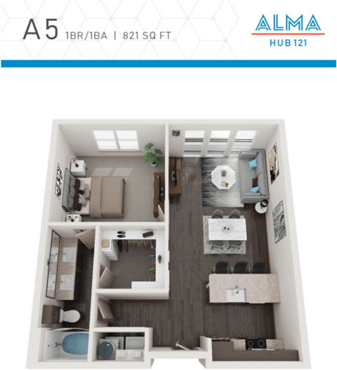 Floor plan for 1 bed, 1 bath, 821 sqft