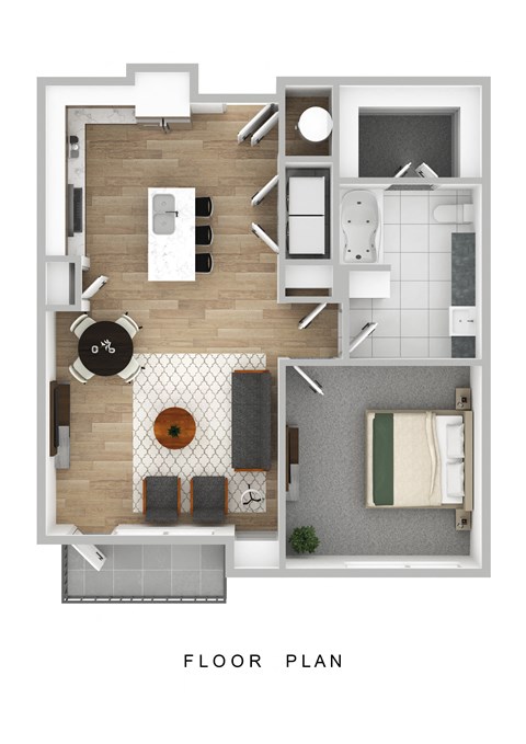 Floor plan for 1 bed, 1 bath, 857 sqft