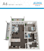 Floor plan for 1 bed, 1 bath, 841 sqft