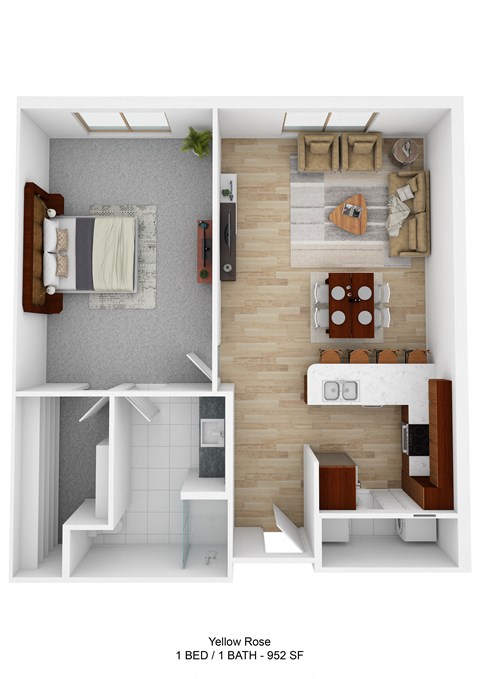 Floor plan for 1 bed, 1 bath, 952 sqft