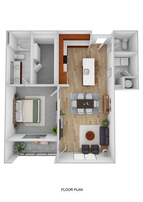 Floor plan for 1 bed, 1.5 baths, 863 sqft