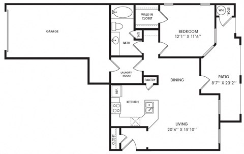 Floor plan for 1 bed, 1 bath, 767 sqft