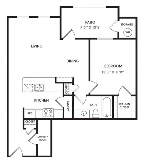 Floor plan for 1 bed, 1 bath, 788 sqft