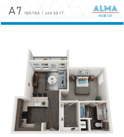 Floor plan for 1 bed, 1 bath, 668 sqft