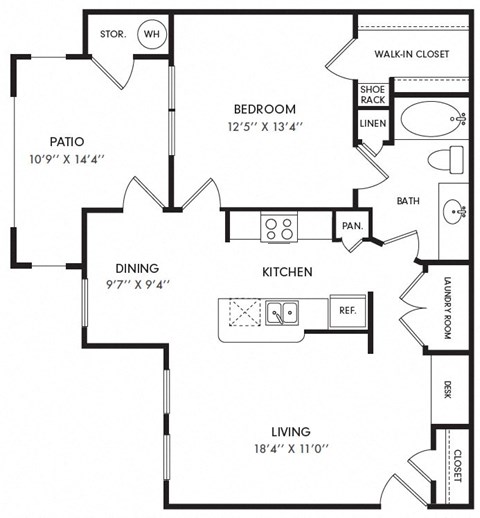 Floor plan for 1 bed, 1 bath, 800 sqft