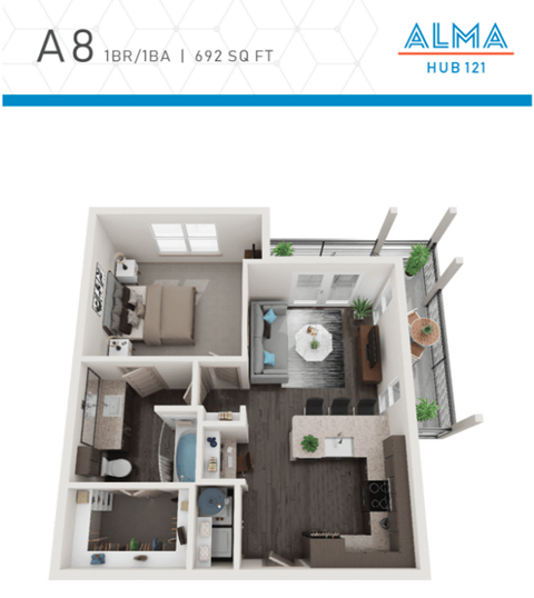 Floor plan for 1 bed, 1 bath, 692 sqft