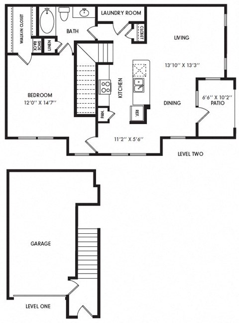 Floor plan for 1 bed, 1 bath, 980 sqft