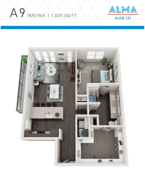 Floor plan for 1 bed, 1 bath, 969 sqft