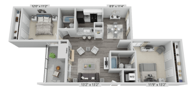 Floor plan for 2 beds, 2 baths, 960 sqft