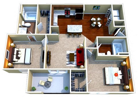 Floor plan for 2 beds, 2 baths, 1050 sqft