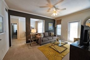 Austin apartment for rent - A living room with a grey couch and a yellow rug.