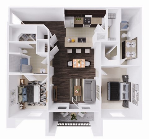 Floor plan for 2 beds, 2 baths, 1057 sqft
