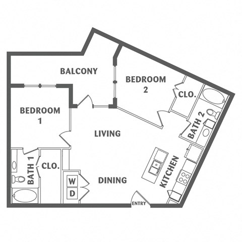 Floor plan for 2 beds, 2 baths, 975 sqft