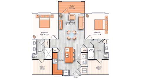 Floor plan for 2 beds, 2 baths, 1112 sqft