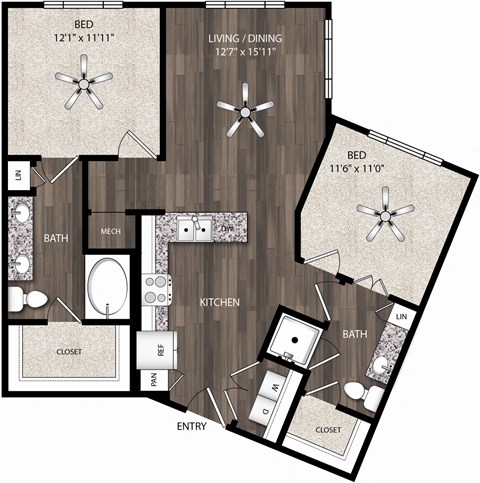 Floor plan for 2 beds, 2 baths, 1024 sqft