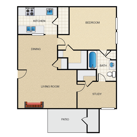 Floor plan for 2 beds, 1 bath, 750 sqft