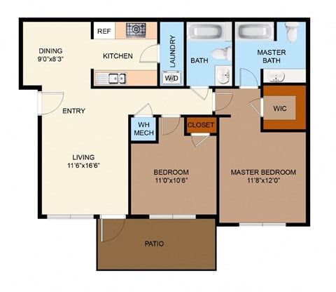 Floor plan for 2 beds, 2 baths, 1052 sqft
