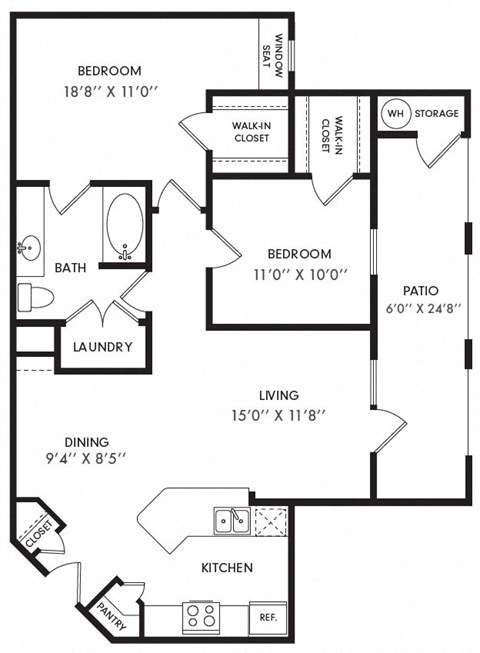Floor plan for 2 beds, 1 bath, 962 sqft