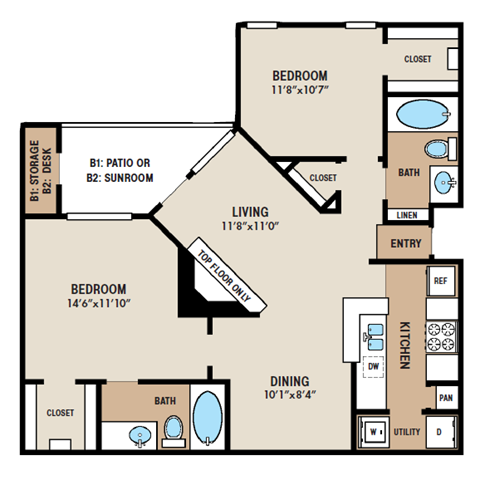 Floor plan for 2 beds, 2 baths, 980 sqft