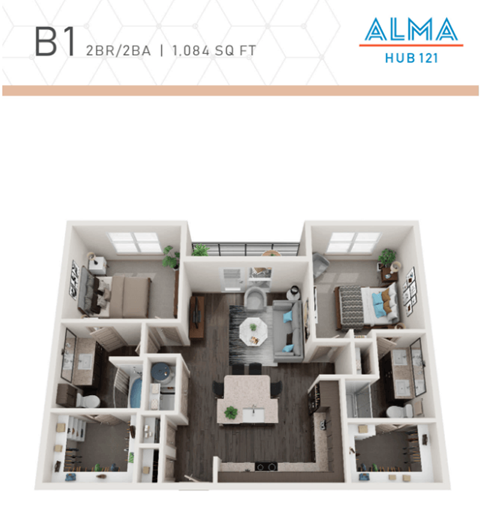 Floor plan for 2 beds, 2 baths, 1084 sqft