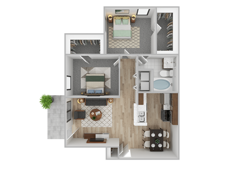 Floor plan for 2 beds, 1 bath, 859 sqft
