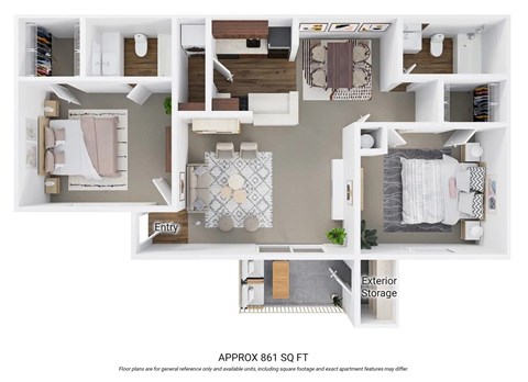 Floor plan for 2 beds, 2 baths, 861 sqft