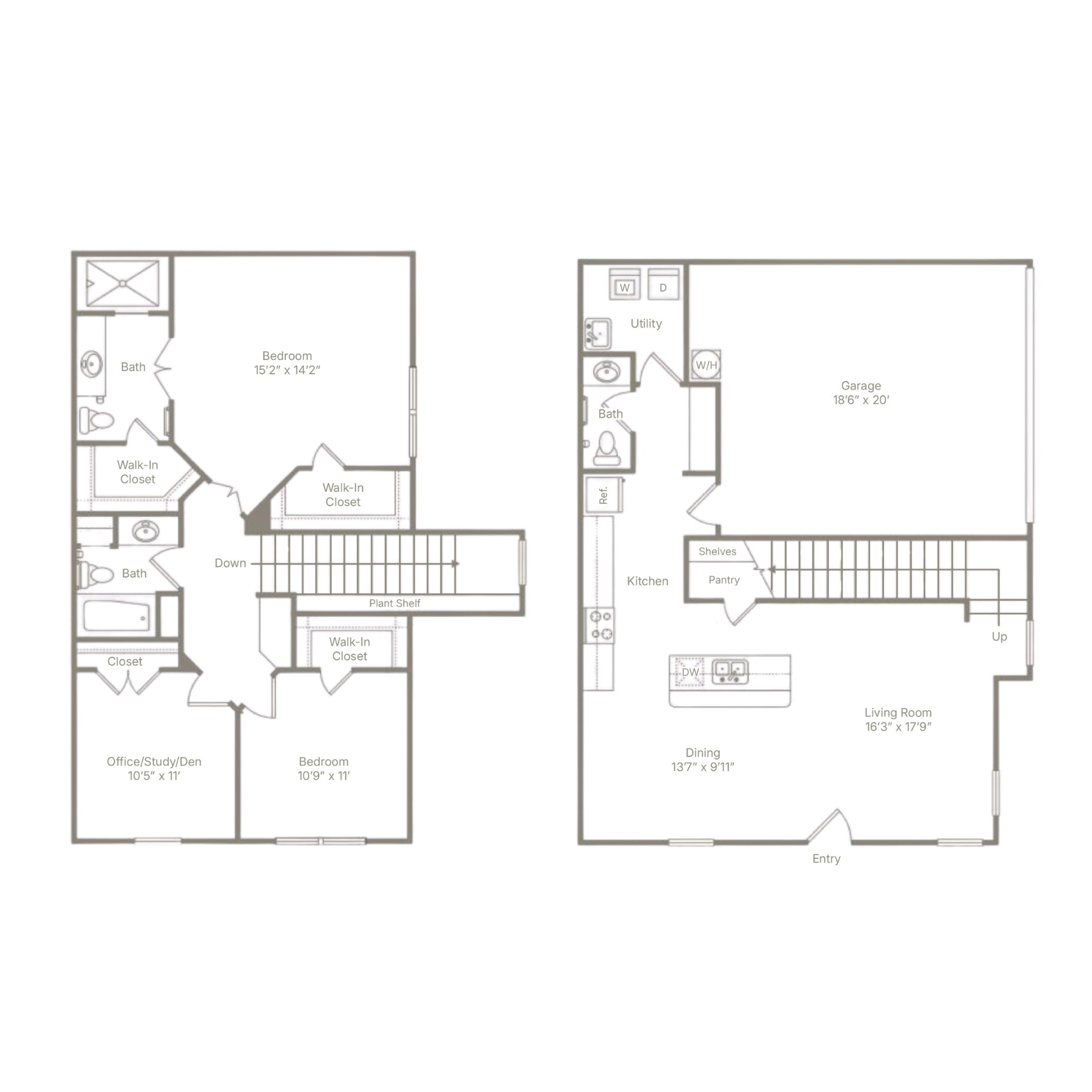 Floor plan for 2 beds, 2.5 baths, 1633 sqft