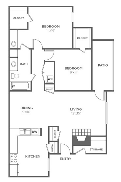 Floor plan for 2 beds, 1 bath, 1013 sqft