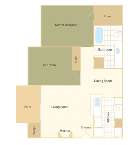 Floor plan for 2 beds, 1 bath, 858 sqft