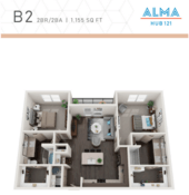 Floor plan for 2 beds, 2 baths, 1155 sqft