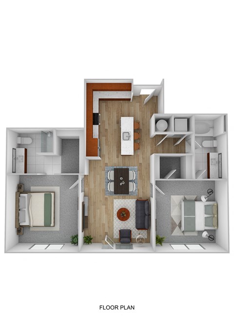 Floor plan for 2 beds, 2 baths, 1001 sqft