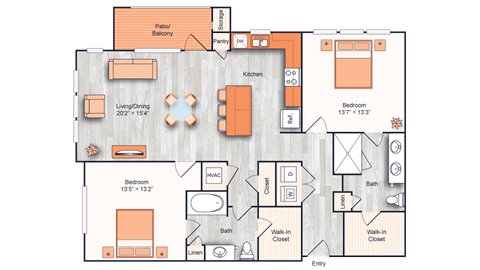 Floor plan for 2 beds, 2 baths, 1289 sqft
