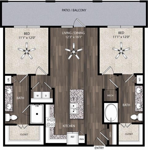 Floor plan for 2 beds, 2 baths, 1116 sqft