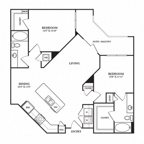 Floor plan for 2 beds, 2 baths, 1153 sqft