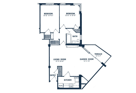 Floor plan for 2 beds, 1 bath, 995 sqft