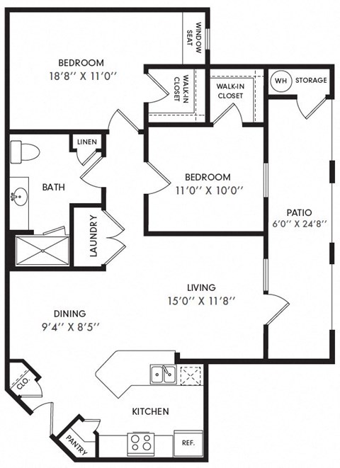 Floor plan for 2 beds, 1 bath, 962 sqft