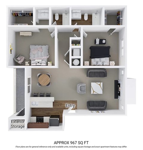 Floor plan for 2 beds, 2 baths, 967 sqft